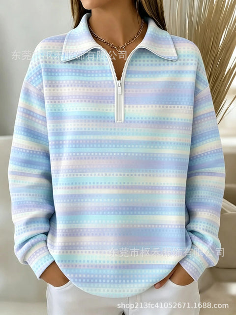 Lapel Striped Pen Print Women's Half Zip Sweater FF303305