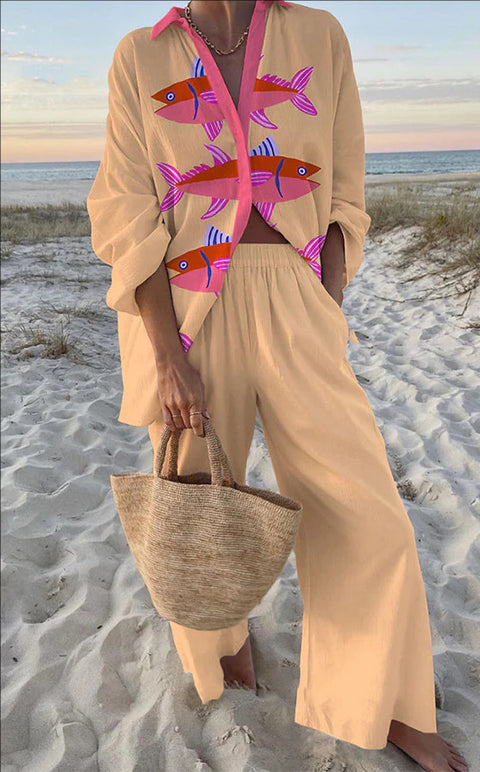 Linglong hemp fish shading casual suit loose sports wide-leg pants marine element casual shirt m303169