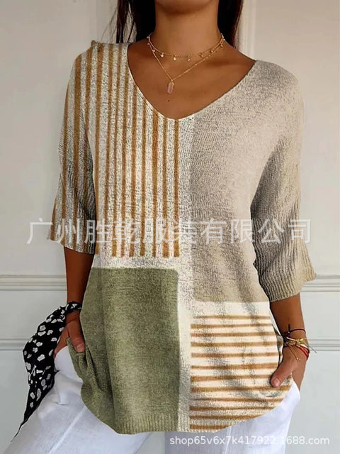 V-neck 3D printed geometric pattern five-quarter sleeve T-shirt top m302777