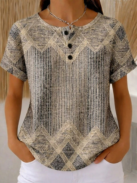 Geometric print henry collar short sleeve t-shirt women m302674