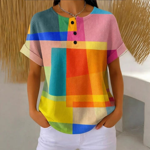 Geometric print henry collar short sleeve t-shirt women m302674