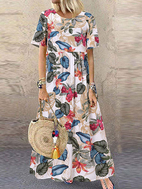 Long dress Amazon round neck casual women's retro floral print loose short sleeve m301972