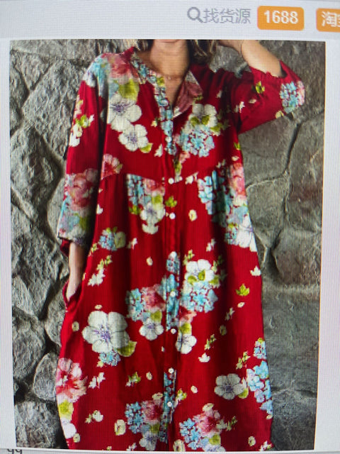 Women's Loose Crew Neck Fashion Premium Long Sleeve Printed Shirt Dress m301050