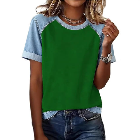 Printed denim splicing round neck short sleeve loose casual m302385