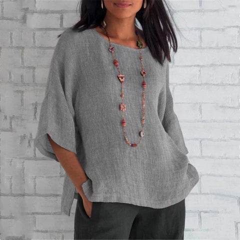 Split sleeved round neck cotton linen shirt top m300053