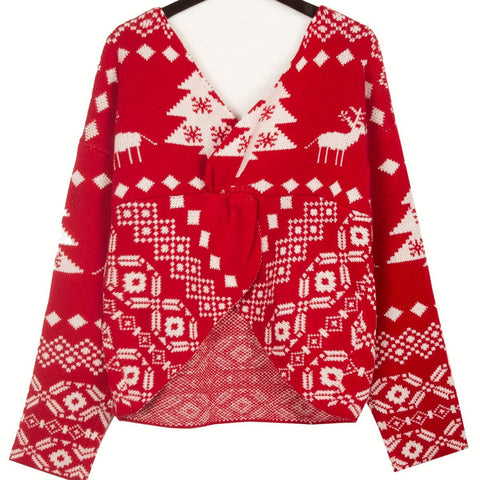 V-neck double-sided irregular blouse sweater backless off-the-shoulder Christmas snowflake pattern long-sleeved women's wool top m301954