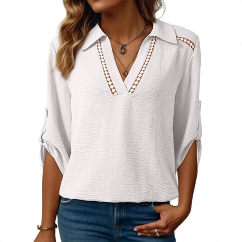 Casual solid color POLO hollow V-neck seven-quarter sleeve versatile women's top m302349
