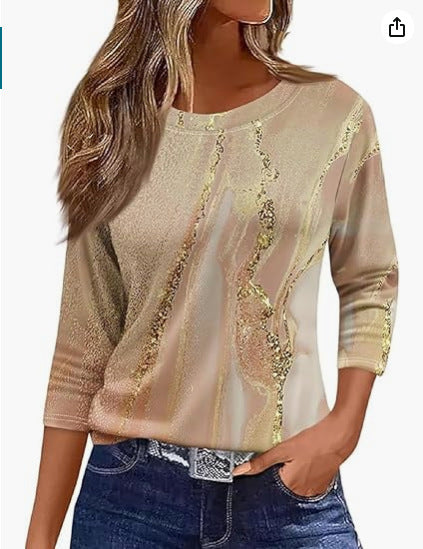 Slim and thin imitation cotton round neck printing solid color seven-quarter sleeve long sleeve m302884