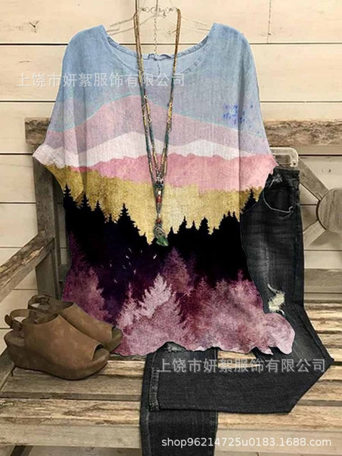 Loose round neck short-sleeved cotton and linen top women's m301281