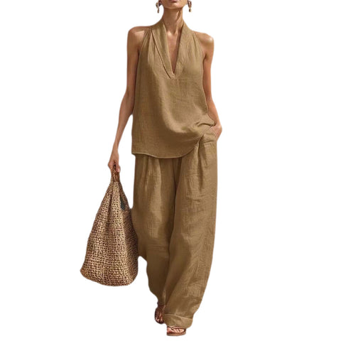 Sleeveless loose shoulder suit women's summer casual wide-leg pants two-piece set m302658