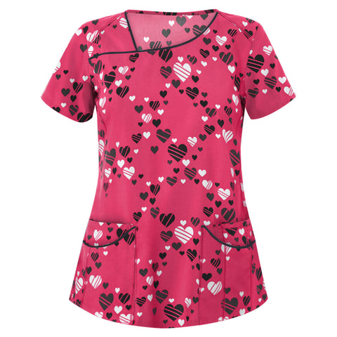 Printed V-neck short-sleeved pocket T-shirt women's top m301596