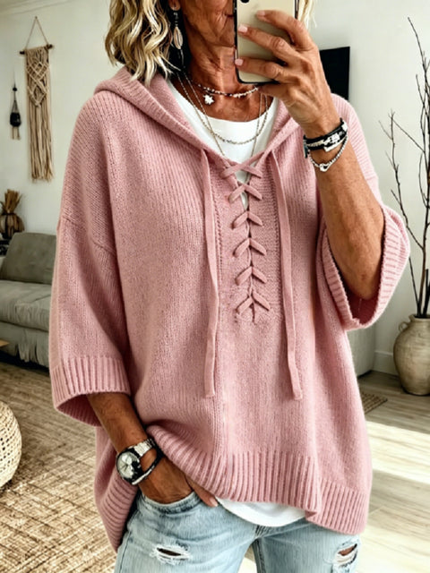 Strap-on hooded 7-point sleeve knitted sweater lazy loose pullover sweater m303004