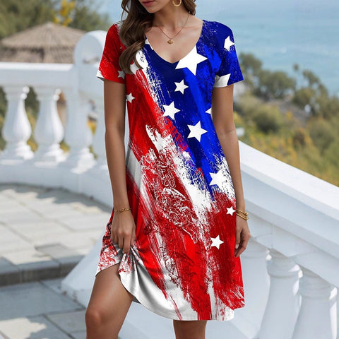 Casual pullover short-sleeved dress digital printing national flag day stars and stripes style m302670