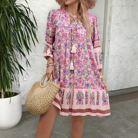 Loose casual v-neck lace-up printed dress m300870