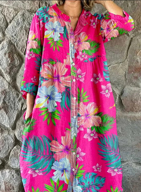 Women's Loose Crew Neck Fashion Premium Long Sleeve Printed Shirt Dress m301050