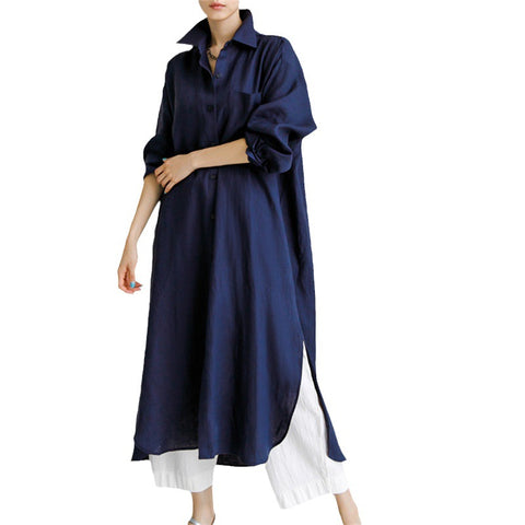 knee-length split-ended outer cotton and linen shirt solid color dress m300698