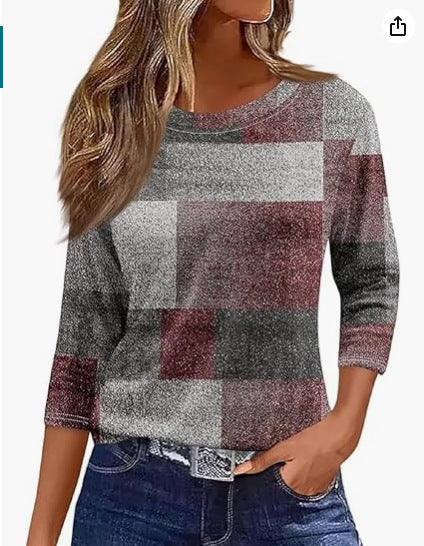 Slim and thin imitation cotton round neck printing solid color seven-quarter sleeve long sleeve m302884