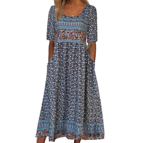 Women's Crew Neck Short Sleeve Long Dress Bohemian Dress m302895