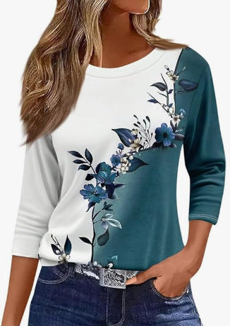 Slim and thin imitation cotton round neck printing solid color seven-quarter sleeve long sleeve m302884