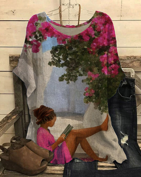 Loose round neck short-sleeved cotton and linen top women's m301281