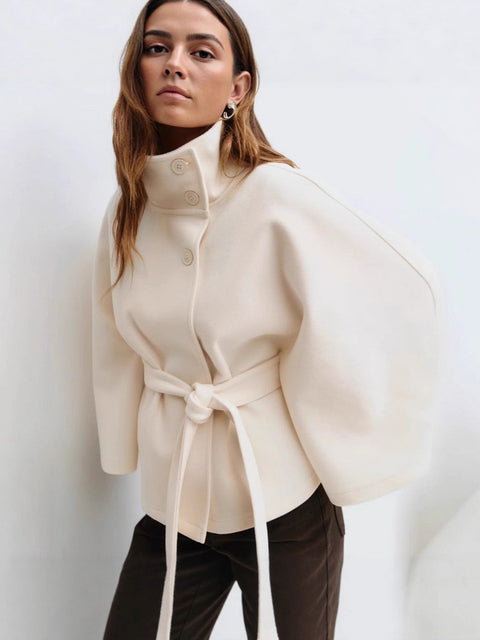 Stand-up collar waist thin lace-up solid color woolen coat women's m302333