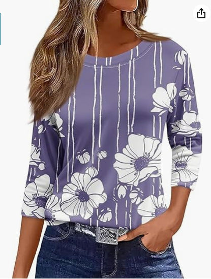 Slim and thin imitation cotton round neck printing solid color seven-quarter sleeve long sleeve m302884