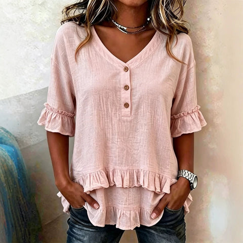 Lotus leaf edge V-neck irregular hem short sleeve m302918