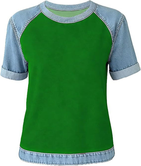 Printed denim splicing round neck short sleeve loose casual m302385