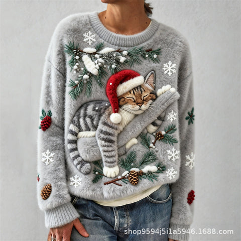 Digital printed flannel christmas ladies crew neck sweater autumn and winter m302198