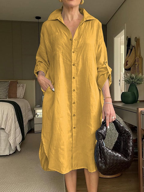 Women's dress cotton and linen shirt long dress fashion casual long sleeve cardigan dress m301932