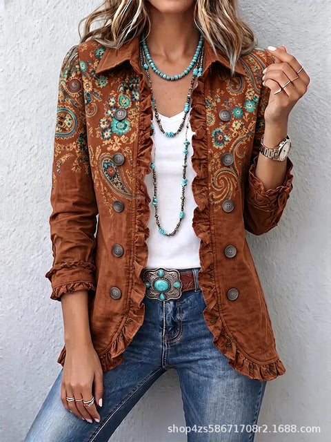 Women's fashion long-sleeved ruffle leaf open button cardigan FF303384 05