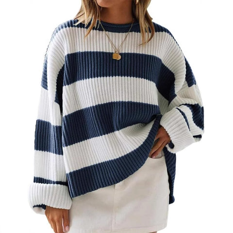Crew neck long sleeve striped knitted sweater flared sleeve loose sweater women m301591