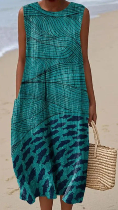 New sleeveless casual printing temperament long dress dress slim fit small fresh casual dress m301521