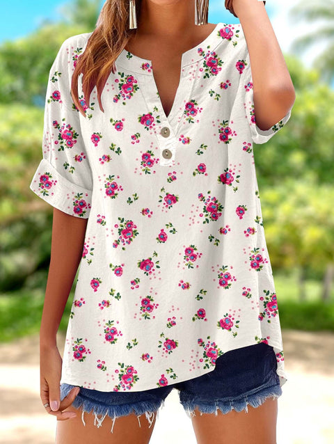 Printed V-neck pullover short-sleeved T-shirt m303021