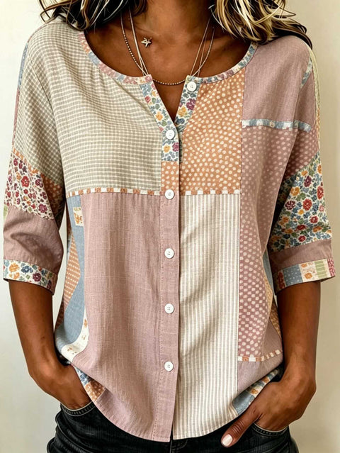Women's Top Printed Casual Short Sleeve Collarless Shirt m303047