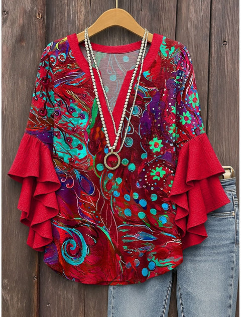 Digital printing casual trend V-neck lotus edge T-shirt women's m302725-1