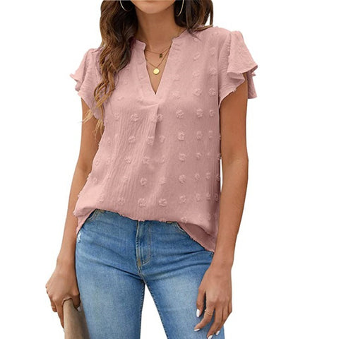 New V-neck pleated lotus leaf sleeves hairball top chiffon shirt m302693