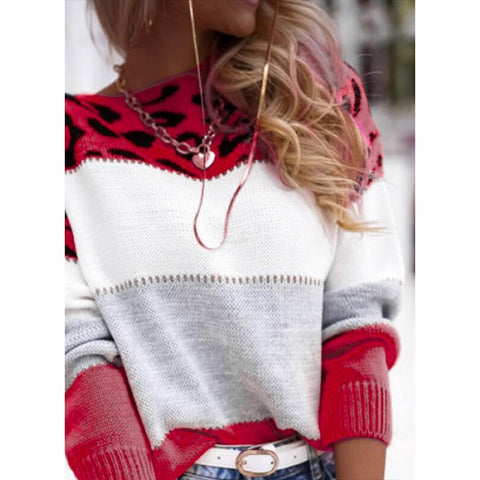 Color matching leopard print crew neck casual sweater m302285