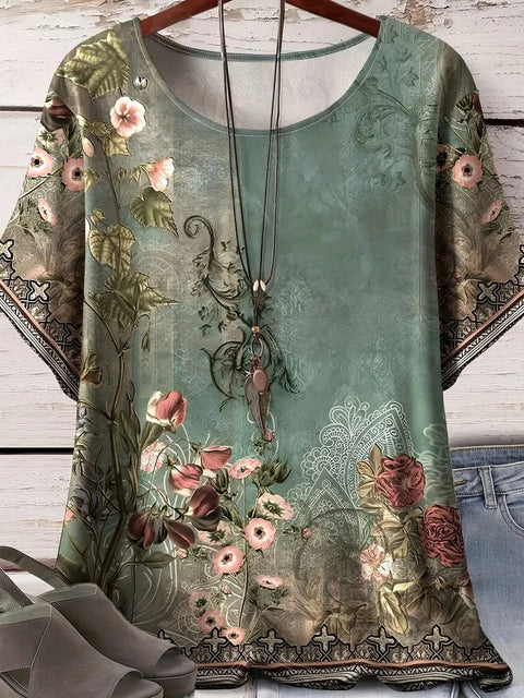 Retro printed cotton short-sleeved T-shirt early spring new versatile crew neck bottoming shirt m301287