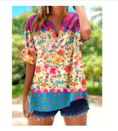 Printed V-neck pullover short-sleeved T-shirt m303021