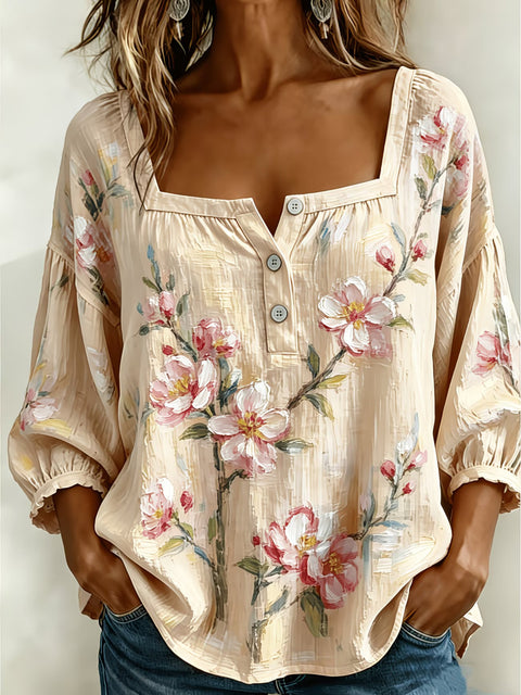 Women's square collar button-down shoulder seven-quarter sleeve medium sleeve T-shirt trend m302838