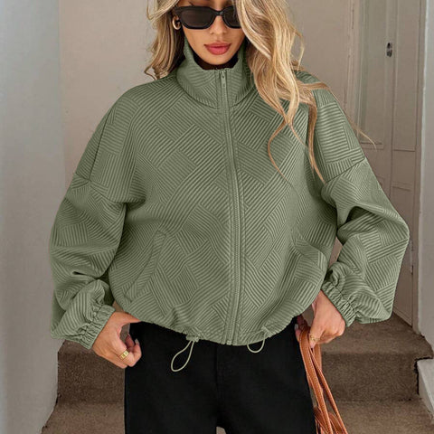 Turtleneck hem drawstring pocket ladies loose baseball jacket m302164
