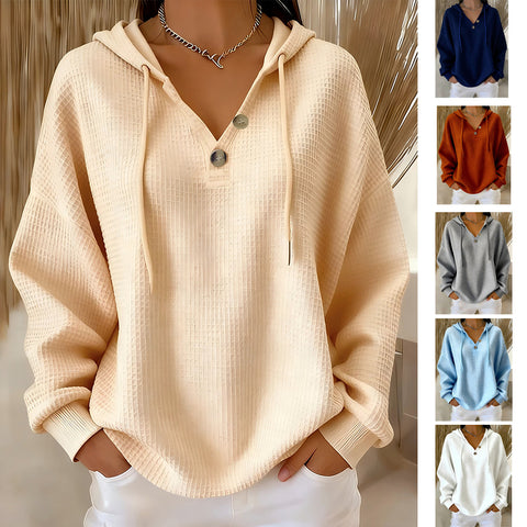 New solid color waffle V-neck button-down hooded sweatshirt m302180