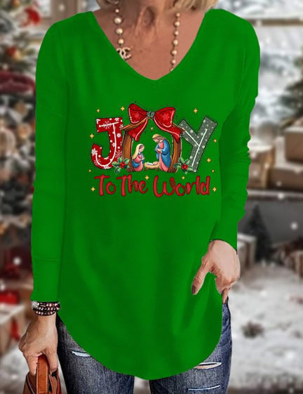 Loose 3D V-neck long-sleeved T-shirt women's Christmas printed bottoming shirt m302098