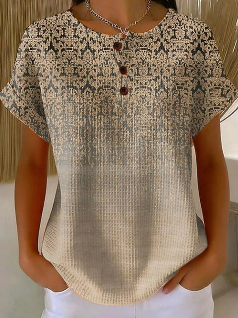 Geometric print henry collar short sleeve t-shirt women m302674