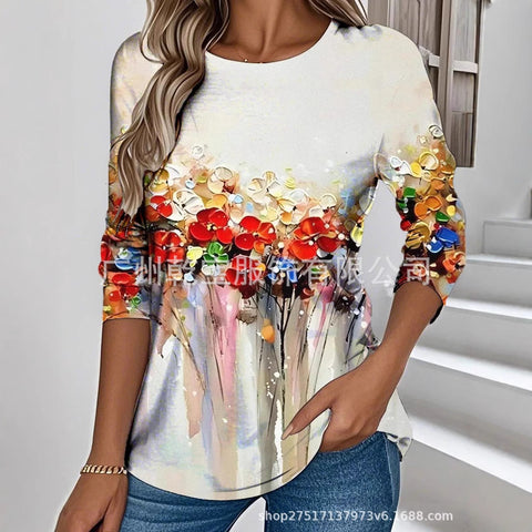 Plant and flower print casual round neck long-sleeved top T-shirt m302251