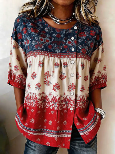 Color matching loose blouse five-button drawstring shirt m302758