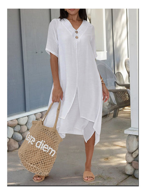 Woven cotton and linen double-layer split V-neck literary dress m301247