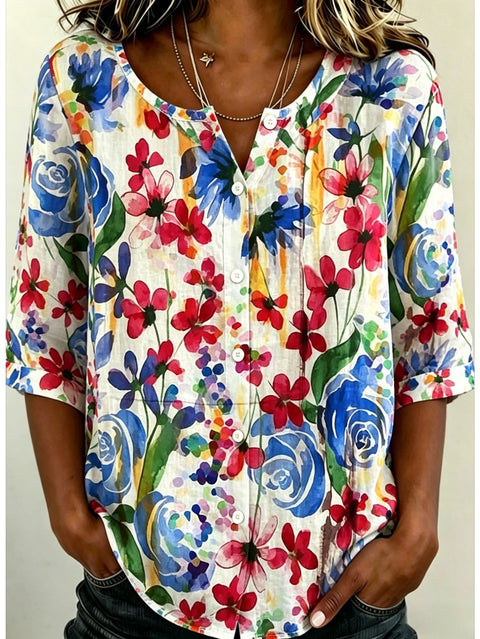 Women's Top Printed Casual Short Sleeve Collarless Shirt m303047