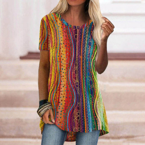 Popular round neck casual ethnic style retro printed short-sleeved T-shirt m301756